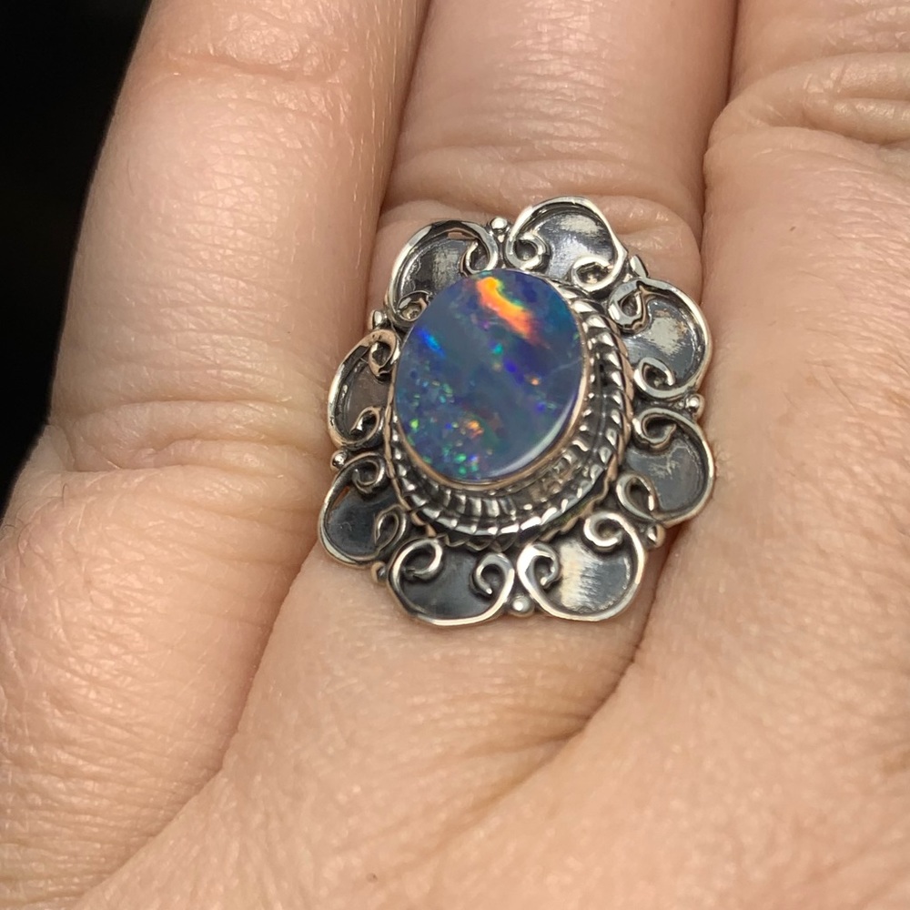 Solid Sterling Australian Opal Flower Ring - image 6